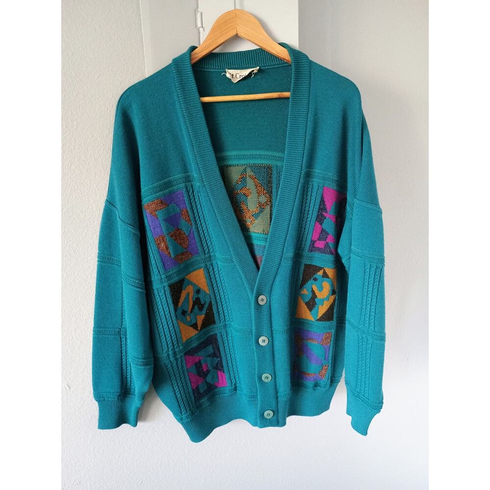 St. Croix vtg teal wool knit cardigan geometric eclectic soulful wacky bohemian